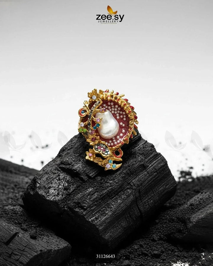 Meenakari Cocktail Baroque Pearl Ring Finger Ring - Zeesy Jewellery Pakistan | Premium Artificial & Imitation Jewellery