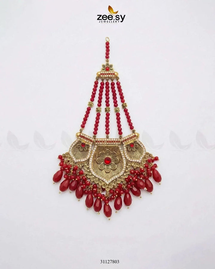 Gulnar Floral Beads Jhumar Golden Red jhumar - Zeesy Jewellery Pakistan | Premium Artificial & Imitation Jewellery