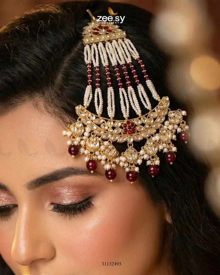Galini Pearl Kundan Jhumar Golden Red jhumar - Zeesy Jewellery Pakistan | Premium Artificial & Imitation Jewellery