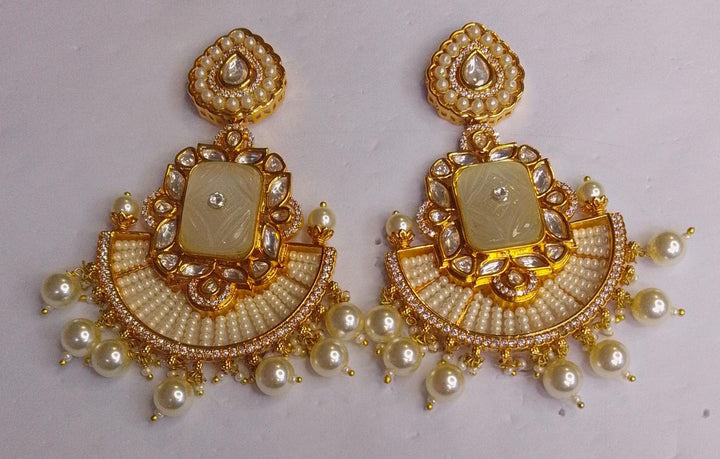 Ivory Carved Kundan Chandbalis Earrings Earrings - Zeesy Jewellery Pakistan | Premium Artificial & Imitation Jewellery