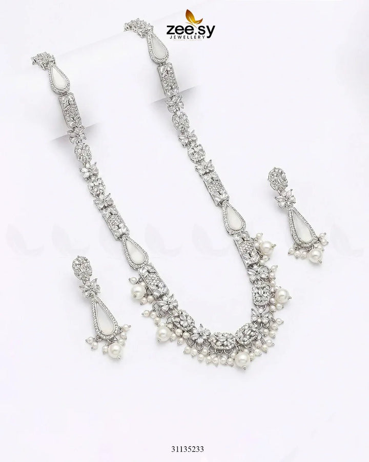 Turkish Floral Malla Necklace Set Silver White Malla Necklace - Zeesy Jewellery Pakistan | Premium Artificial & Imitation Jewellery
