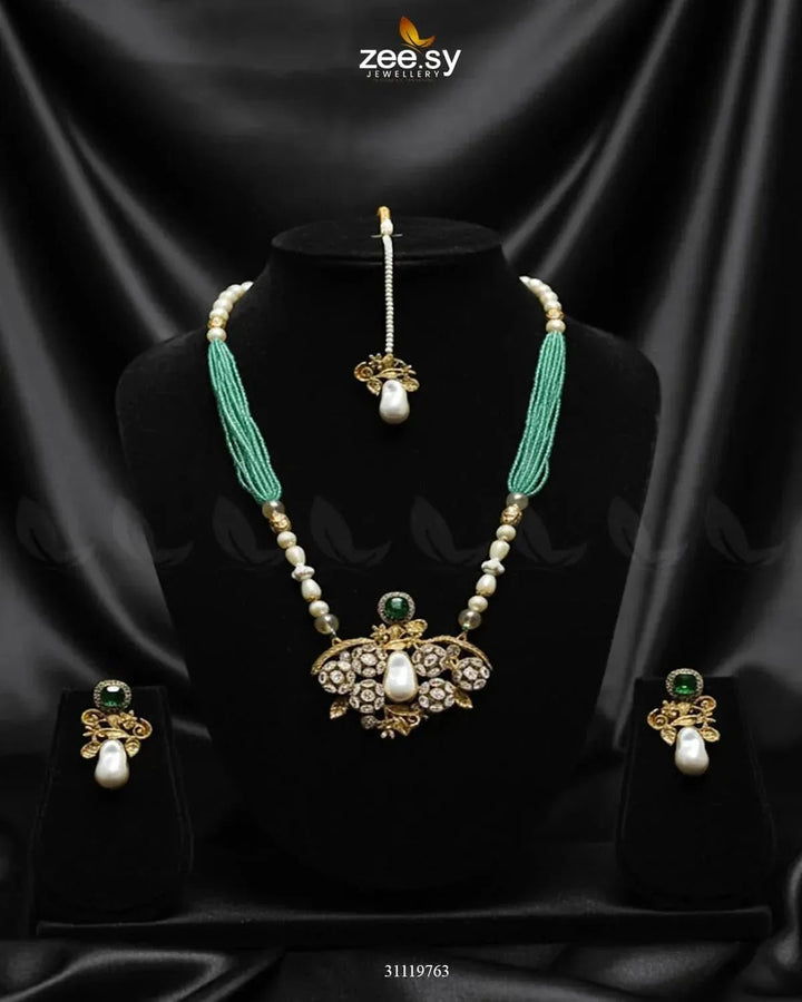 Carved Stream Malla Necklace Set Teal Malla Necklace - Zeesy Jewellery Pakistan | Premium Artificial & Imitation Jewellery