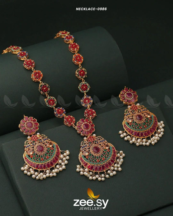 Multi-Toned Floral Malla Necklace Set Ruby Malla Necklace - Zeesy Jewellery Pakistan | Premium Artificial & Imitation Jewellery