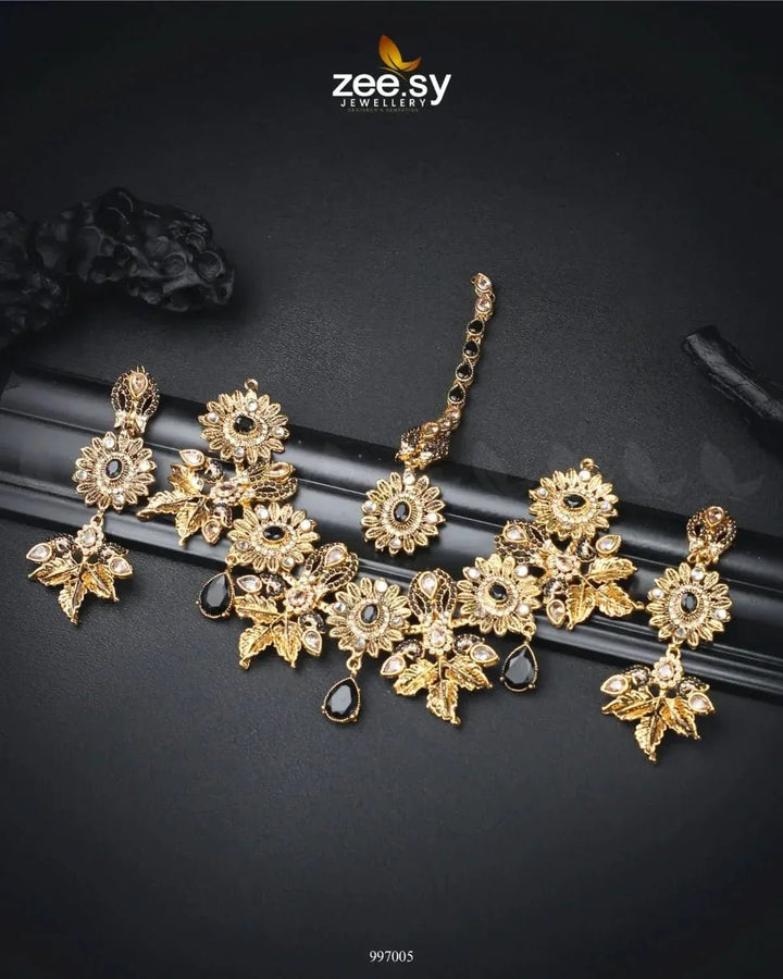 Angelonia Necklace Set Golden Black Necklace Sets - Zeesy Jewellery Pakistan | Premium Artificial & Imitation Jewellery