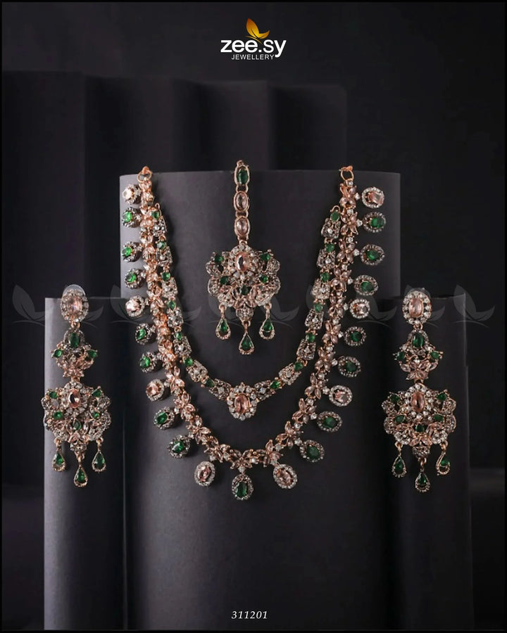 Zarqa Necklace Champagne & Green Necklace Sets - Zeesy Jewellery Pakistan | Premium Artificial & Imitation Jewellery