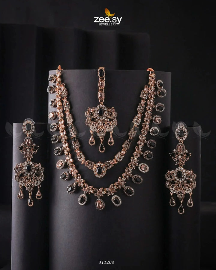 Zarqa Necklace Champagne & Black Necklace Sets - Zeesy Jewellery Pakistan | Premium Artificial & Imitation Jewellery