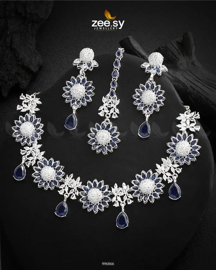 Oleander Necklace Set Silver Blue Necklace Sets - Zeesy Jewellery Pakistan | Premium Artificial & Imitation Jewellery