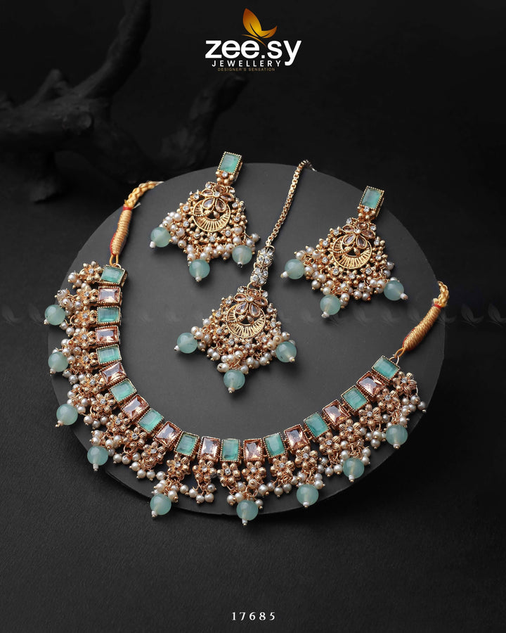 Prism Necklace Golden Mint Green Necklace Sets - Zeesy Jewellery Pakistan | Premium Artificial & Imitation Jewellery
