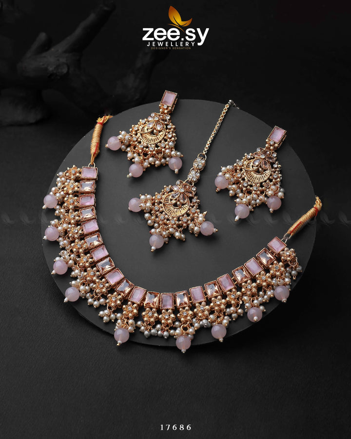 Prism Necklace Golden Mint Pink Necklace Sets - Zeesy Jewellery Pakistan | Premium Artificial & Imitation Jewellery