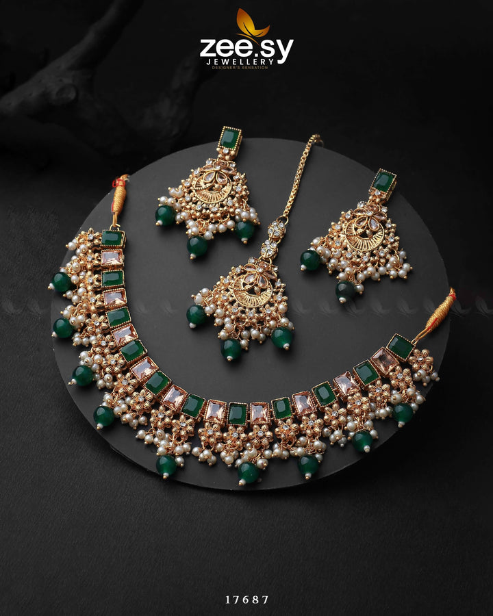 Prism Necklace Golden Green Necklace Sets - Zeesy Jewellery Pakistan | Premium Artificial & Imitation Jewellery