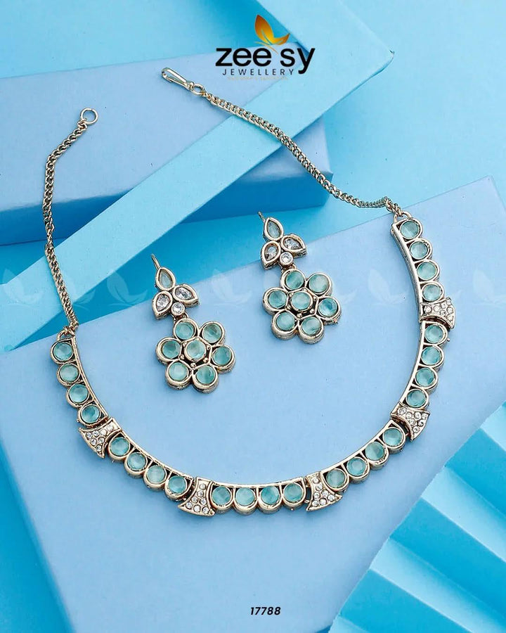 Textured Necklace Golden Mint Green Necklace Sets - Zeesy Jewellery Pakistan | Premium Artificial & Imitation Jewellery