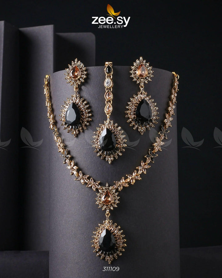 Zilla Necklace Golden Black & Champagne Necklace Sets - Zeesy Jewellery Pakistan | Premium Artificial & Imitation Jewellery