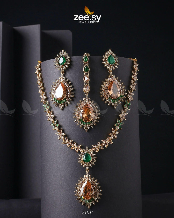 Zilla Necklace Champagne & Green Necklace Sets - Zeesy Jewellery Pakistan | Premium Artificial & Imitation Jewellery