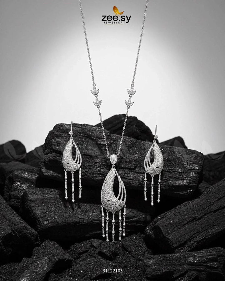 Cascade Dangle Necklace Set Silver Necklace Sets - Zeesy Jewellery Pakistan | Premium Artificial & Imitation Jewellery