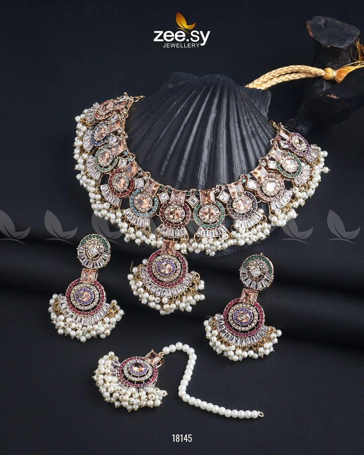 Anaya Necklace Set Golden Champagne Necklace Sets - Zeesy Jewellery Pakistan | Premium Artificial & Imitation Jewellery