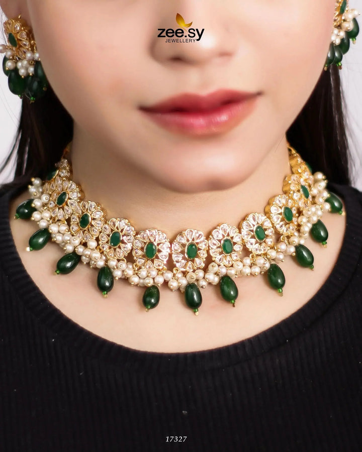 Blooming Flower Necklace Set Golden Green Necklace Sets - Zeesy Jewellery Pakistan | Premium Artificial & Imitation Jewellery