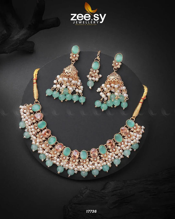 Celosia Necklace Golden Mint Green Necklace Sets - Zeesy Jewellery Pakistan | Premium Artificial & Imitation Jewellery
