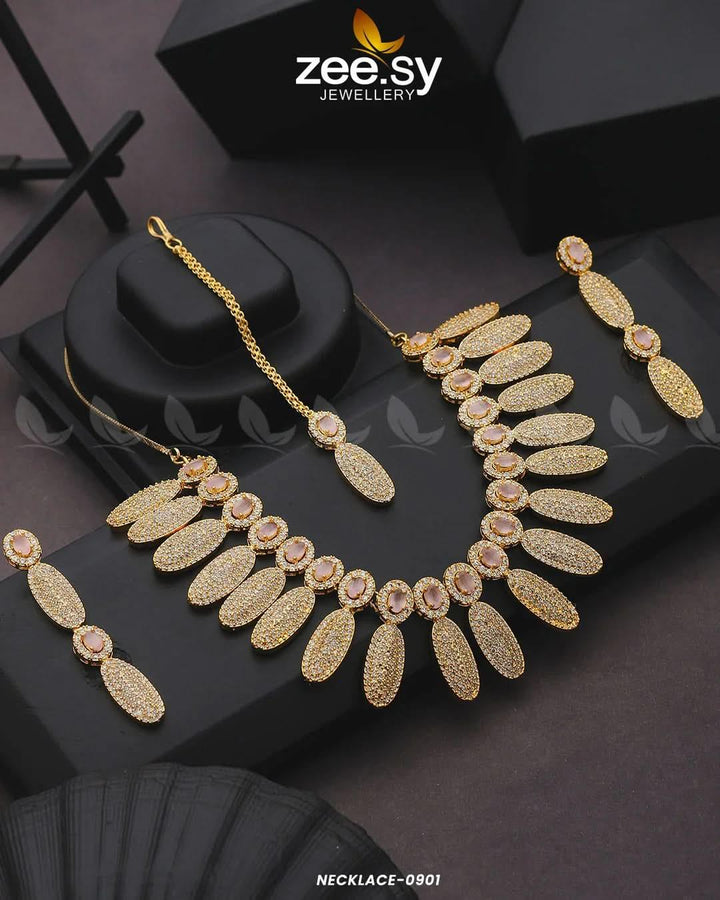 NECKLACE-0901 Golden Pink Necklace Sets - Zeesy Jewellery Pakistan | Premium Artificial & Imitation Jewellery