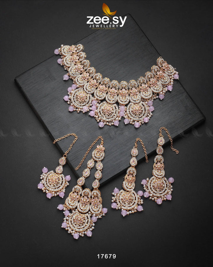Panoramic Necklace Golden Pink Necklace Sets - Zeesy Jewellery Pakistan | Premium Artificial & Imitation Jewellery
