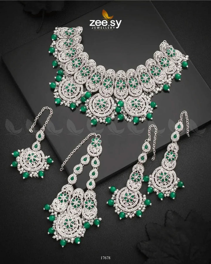 Panoramic Necklace Silver Green Necklace Sets - Zeesy Jewellery Pakistan | Premium Artificial & Imitation Jewellery