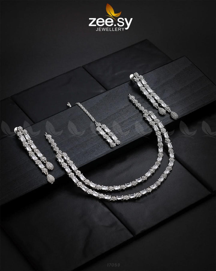 Saffron Zircon Necklace Silver White Necklace Sets - Zeesy Jewellery Pakistan | Premium Artificial & Imitation Jewellery