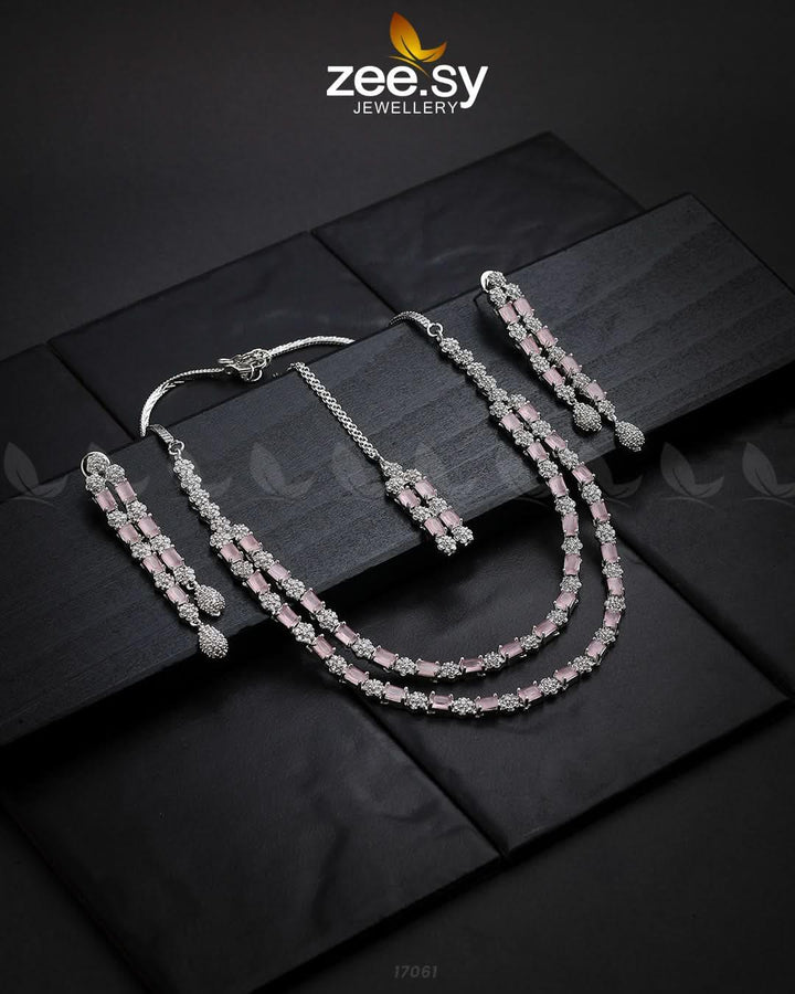Saffron Zircon Necklace Silver Mint Pink Necklace Sets - Zeesy Jewellery Pakistan | Premium Artificial & Imitation Jewellery