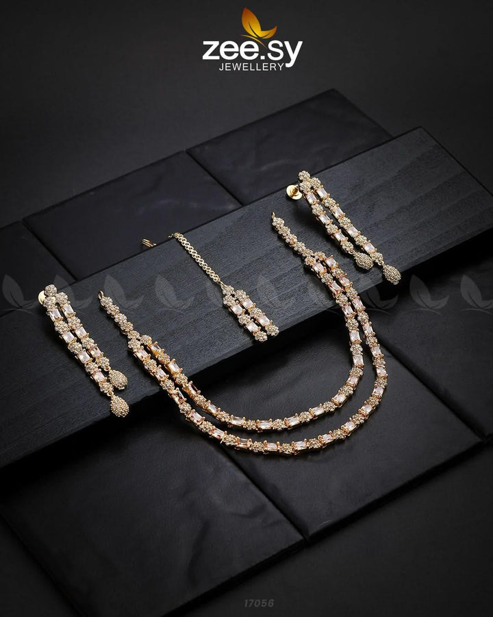 Saffron Zircon Necklace Golden Champagne Necklace Sets - Zeesy Jewellery Pakistan | Premium Artificial & Imitation Jewellery