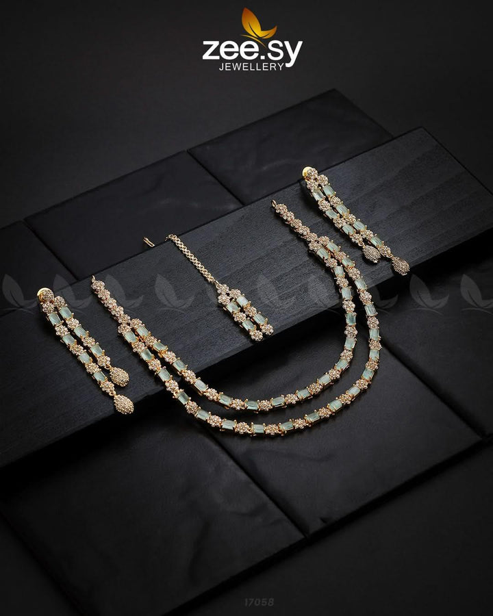 Saffron Zircon Necklace Golden Mint Green Necklace Sets - Zeesy Jewellery Pakistan | Premium Artificial & Imitation Jewellery