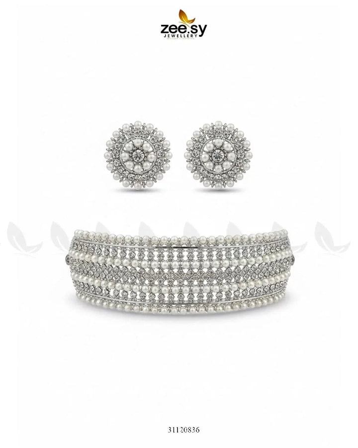 Elegant Beaded Pearl Choker Set Silver Necklace Sets - Zeesy Jewellery Pakistan | Premium Artificial & Imitation Jewellery