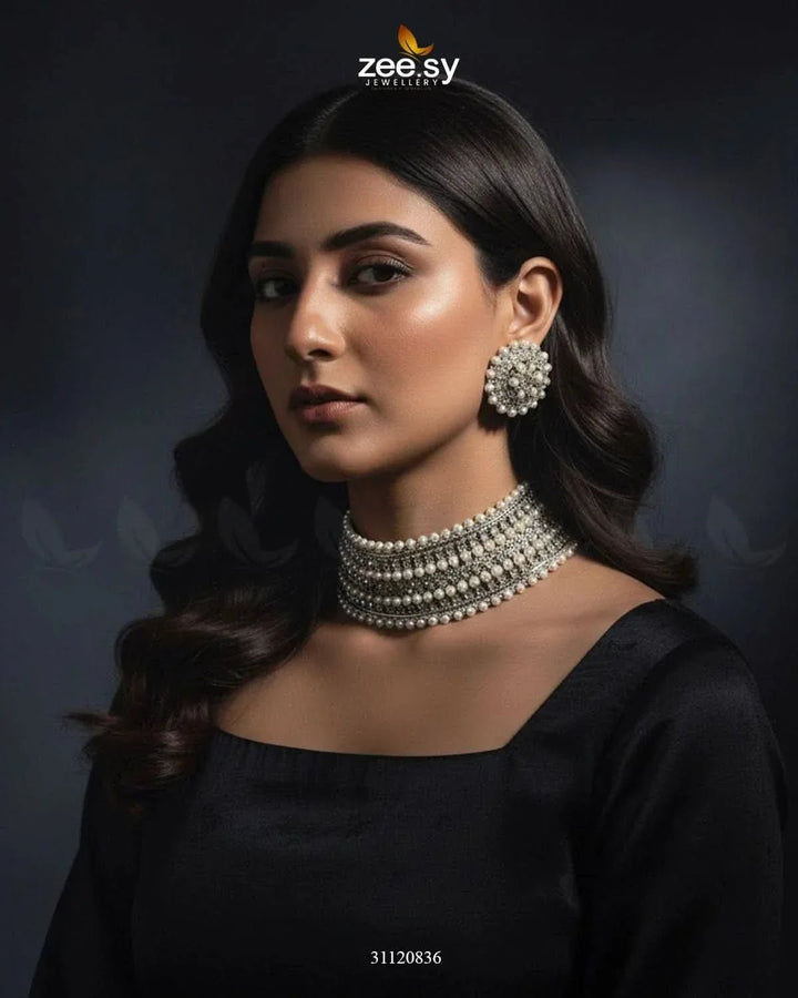 Elegant Beaded Pearl Choker Set Necklace Sets - Zeesy Jewellery Pakistan | Premium Artificial & Imitation Jewellery