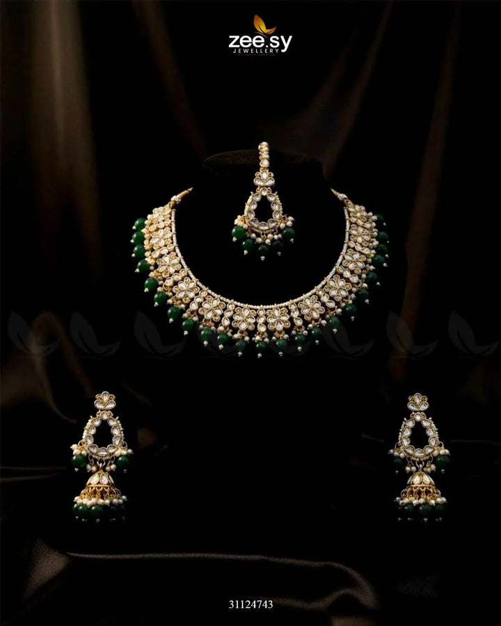 Heirloom Grand Luminous Necklace Set Golden Green Necklace Sets - Zeesy Jewellery Pakistan | Premium Artificial & Imitation Jewellery