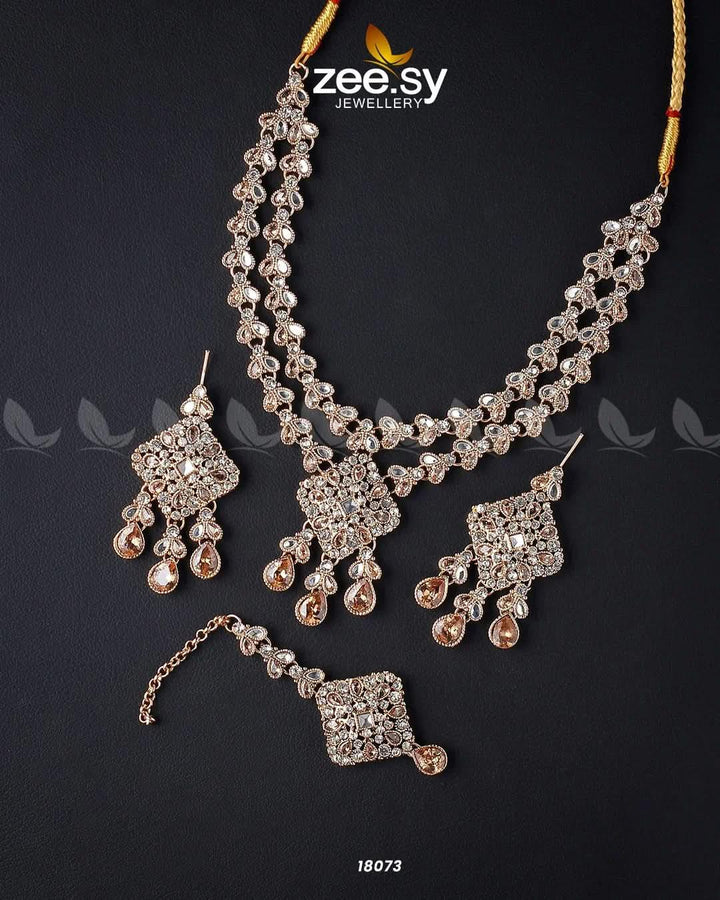 Juggan Necklace Set Golden Champagne Necklace Sets - Zeesy Jewellery Pakistan | Premium Artificial & Imitation Jewellery