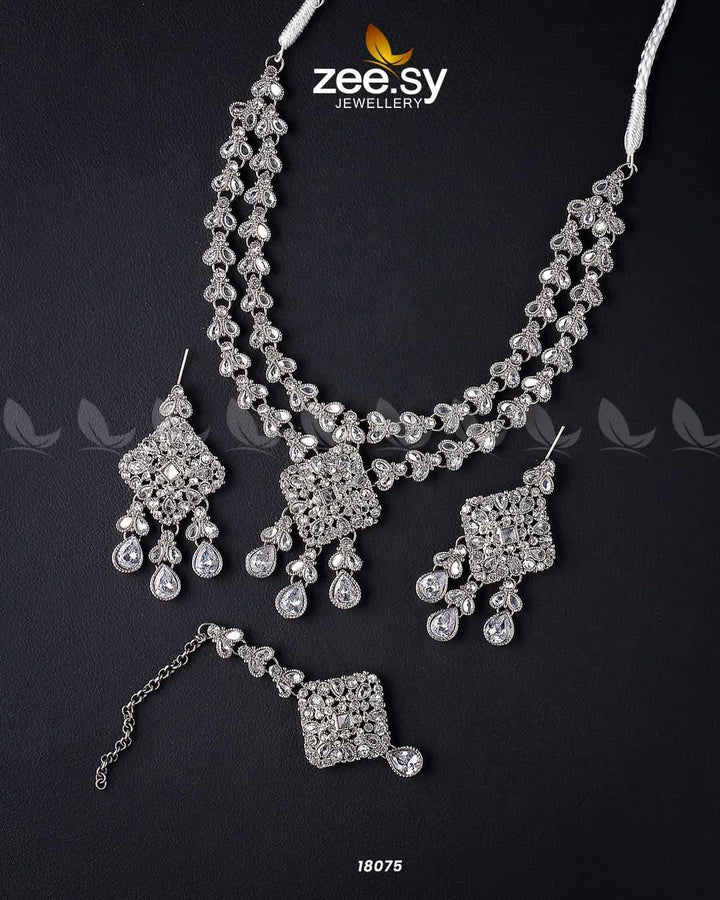 Juggan Necklace Set Silver White Necklace Sets - Zeesy Jewellery Pakistan | Premium Artificial & Imitation Jewellery
