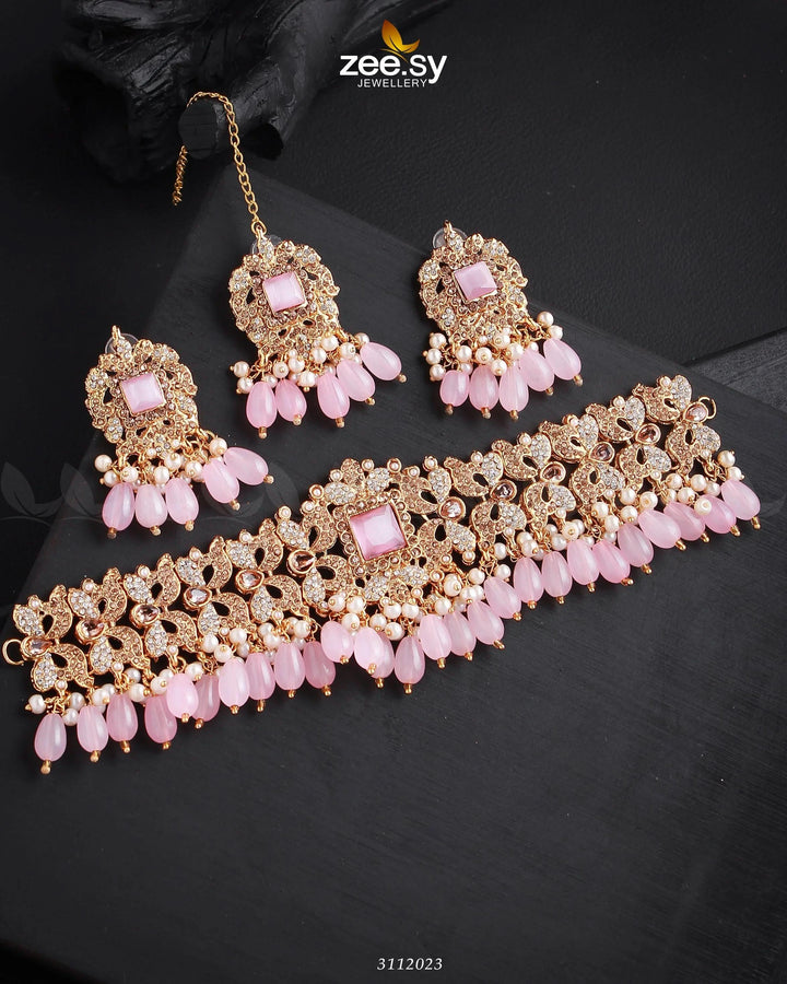 Katrina's Necklace Set Golden Mint Pink Necklace Sets - Zeesy Jewellery Pakistan | Premium Artificial & Imitation Jewellery