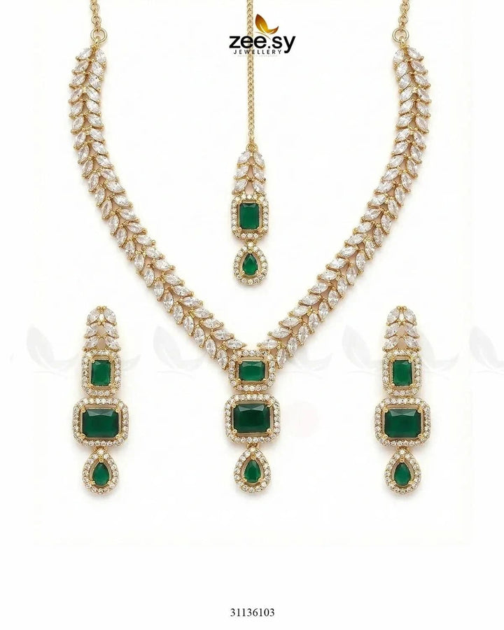 Square Leaf Vine Necklace Set Golden Green Necklace Sets - Zeesy Jewellery Pakistan | Premium Artificial & Imitation Jewellery
