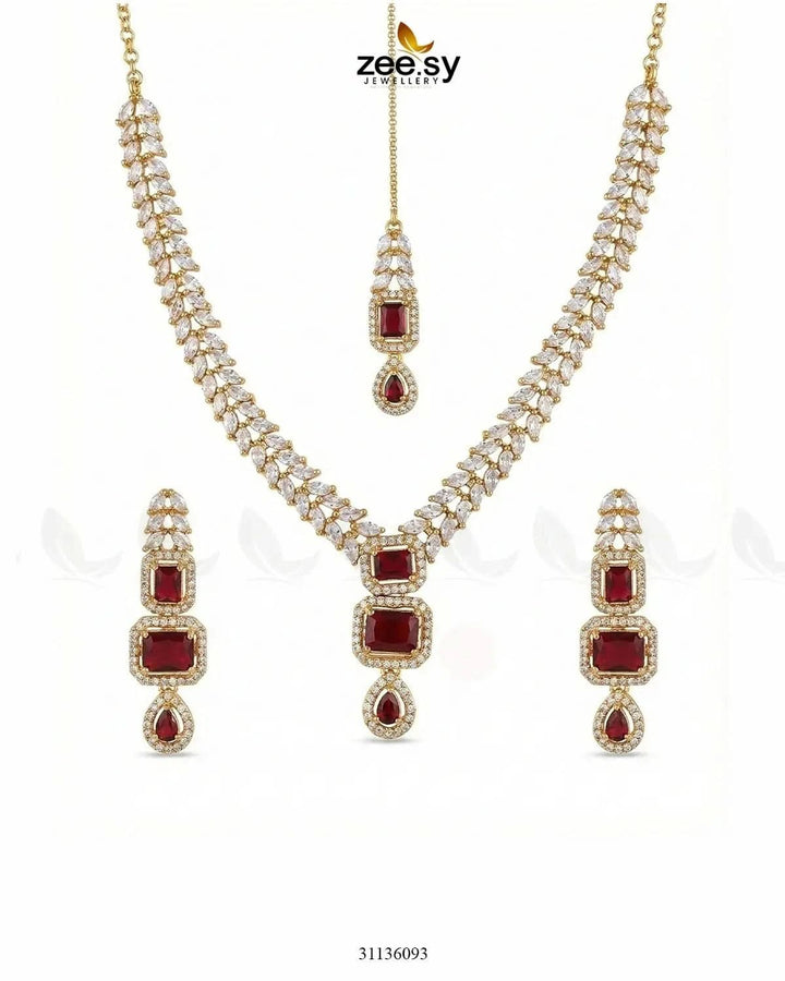 Square Leaf Vine Necklace Set Golden Red Necklace Sets - Zeesy Jewellery Pakistan | Premium Artificial & Imitation Jewellery