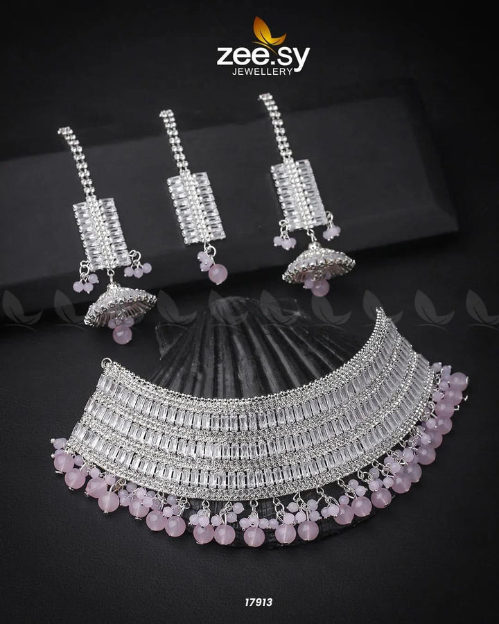 Sumayah's Choker Necklace Silver Mint Pink Necklace Sets - Zeesy Jewellery Pakistan | Premium Artificial & Imitation Jewellery