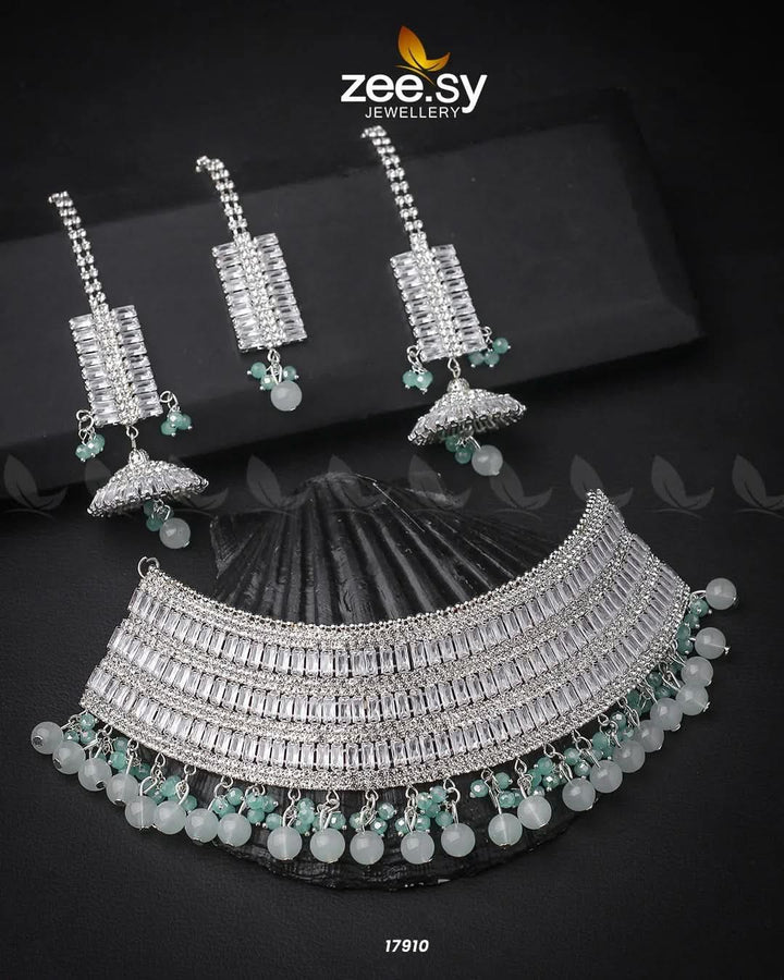 Sumayah's Choker Necklace Silver Mint Green Necklace Sets - Zeesy Jewellery Pakistan | Premium Artificial & Imitation Jewellery