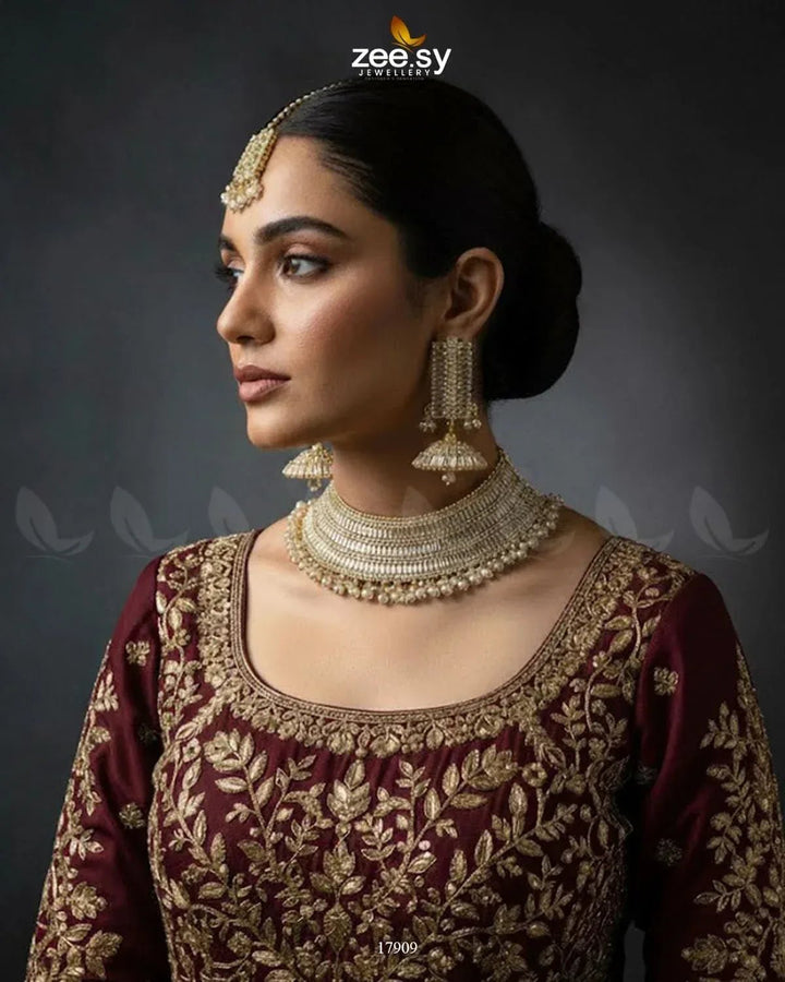 Sumayah's Choker Necklace Golden White Necklace Sets - Zeesy Jewellery Pakistan | Premium Artificial & Imitation Jewellery