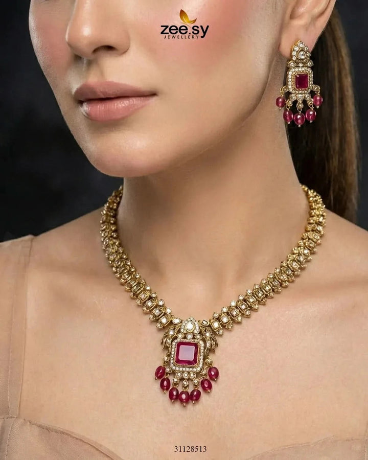 Sapphire Square Stone Necklace Set Necklace Sets - Zeesy Jewellery Pakistan | Premium Artificial & Imitation Jewellery