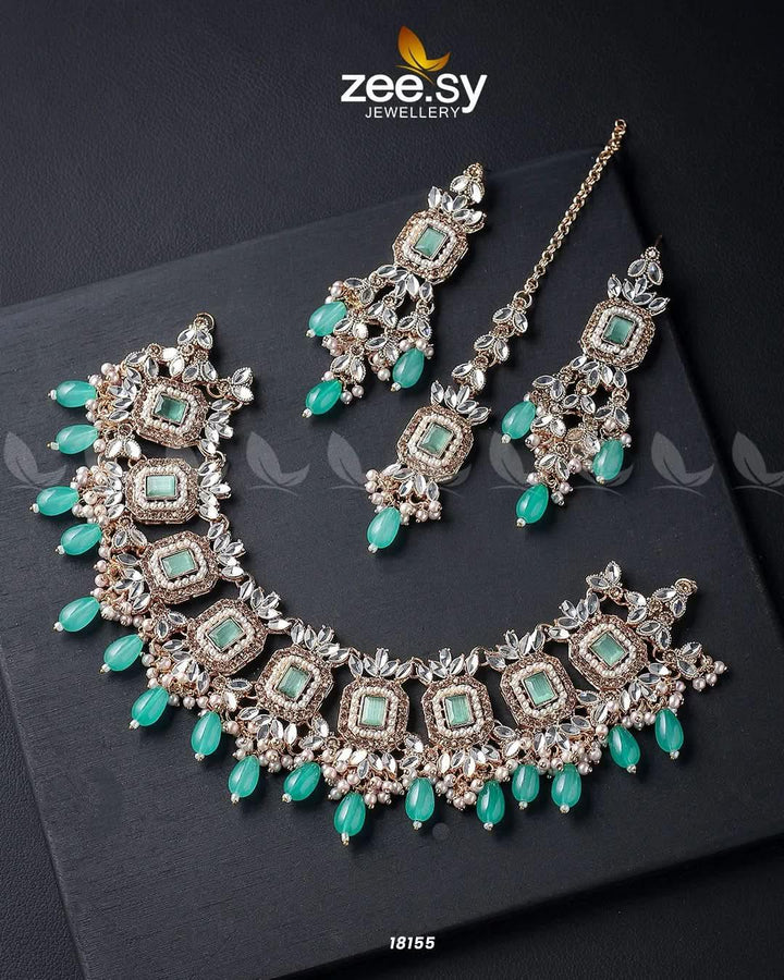 Stephanotis Necklace Set Golden Mint Green Necklace Sets - Zeesy Jewellery Pakistan | Premium Artificial & Imitation Jewellery