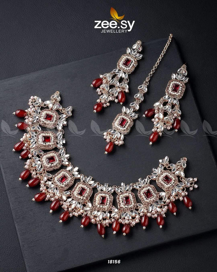 Stephanotis Necklace Set Golden Red Necklace Sets - Zeesy Jewellery Pakistan | Premium Artificial & Imitation Jewellery