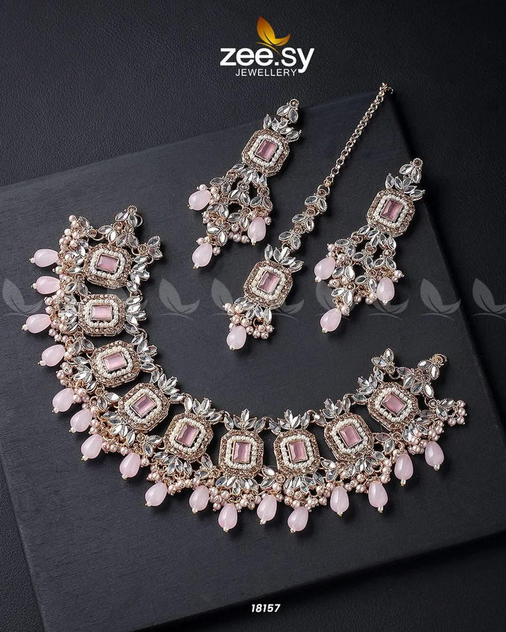 Stephanotis Necklace Set Golden Mint Pink Necklace Sets - Zeesy Jewellery Pakistan | Premium Artificial & Imitation Jewellery