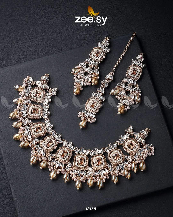 Stephanotis Necklace Set Golden Champagne Necklace Sets - Zeesy Jewellery Pakistan | Premium Artificial & Imitation Jewellery
