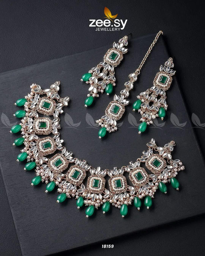 Stephanotis Necklace Set Golden Green Necklace Sets - Zeesy Jewellery Pakistan | Premium Artificial & Imitation Jewellery