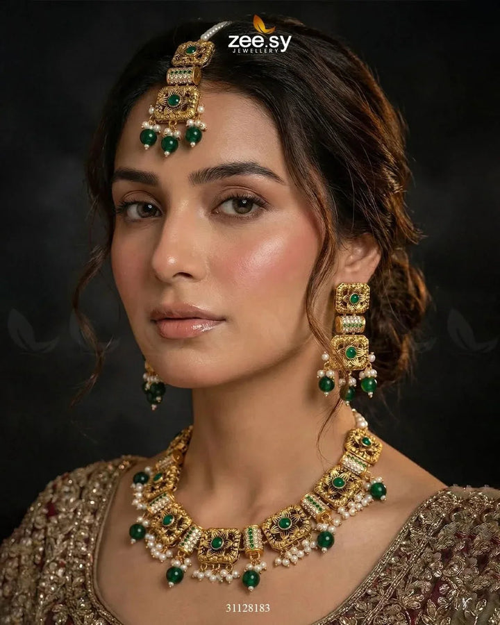 Square Floral Pearl Necklace Set Golden Green Necklace Sets - Zeesy Jewellery Pakistan | Premium Artificial & Imitation Jewellery
