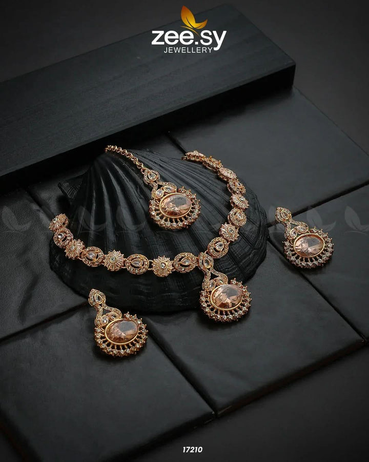 Zirconic Starburst Necklace Golden Champagne Necklace Sets - Zeesy Jewellery Pakistan | Premium Artificial & Imitation Jewellery