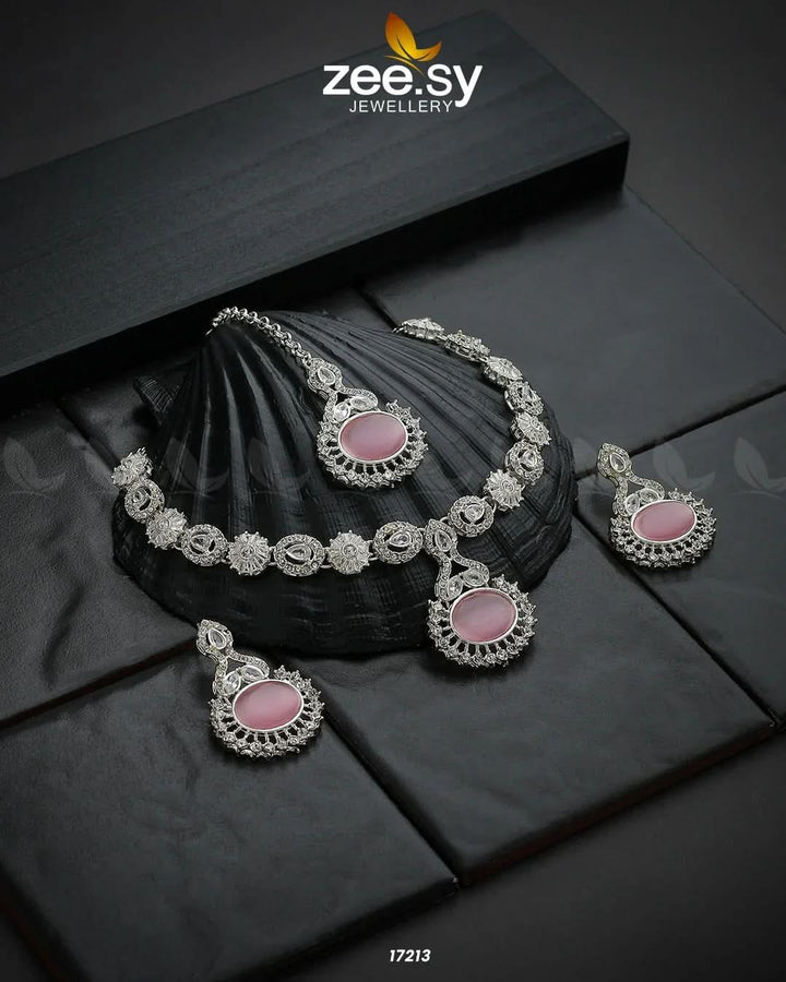 Zirconic Starburst Necklace Silver Pink Necklace Sets - Zeesy Jewellery Pakistan | Premium Artificial & Imitation Jewellery
