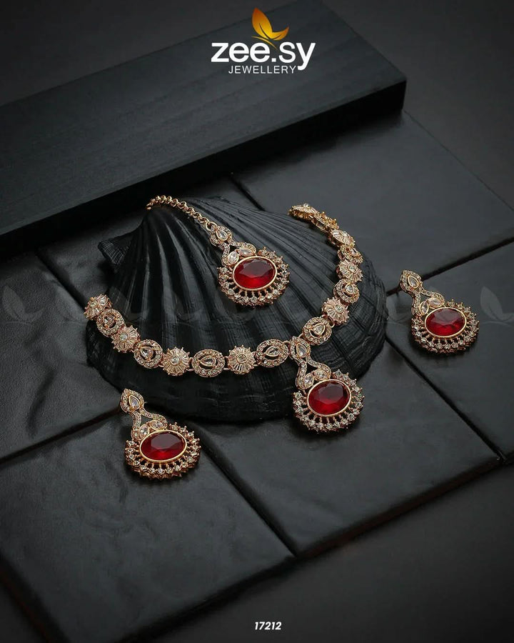 Zirconic Starburst Necklace Golden Red Necklace Sets - Zeesy Jewellery Pakistan | Premium Artificial & Imitation Jewellery