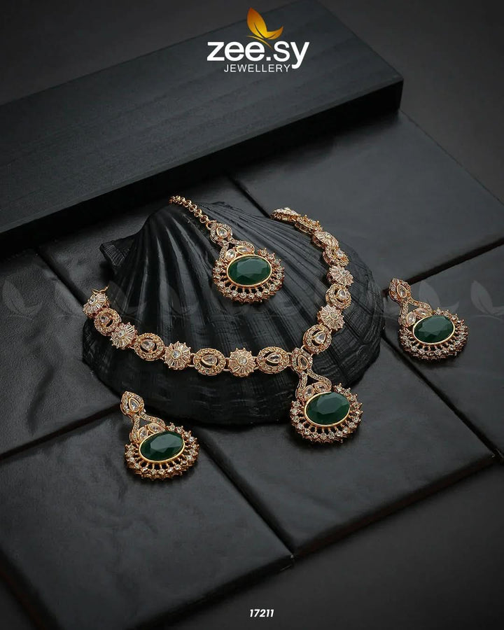 Zirconic Starburst Necklace Golden Green Necklace Sets - Zeesy Jewellery Pakistan | Premium Artificial & Imitation Jewellery